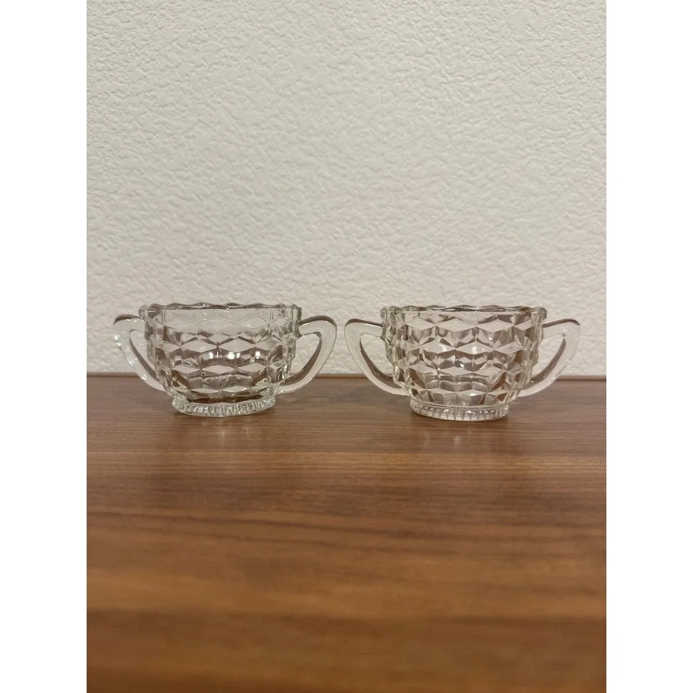 VTG Set of TWO Jeannette Depression Glass Clear Cubist Sugar Condiment 3.5
